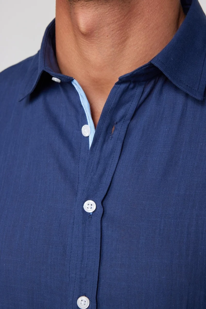 تودورس Slim Fit Short Sleeve Pocket Piping Flam Cotton Navy Blue Men's Shirt