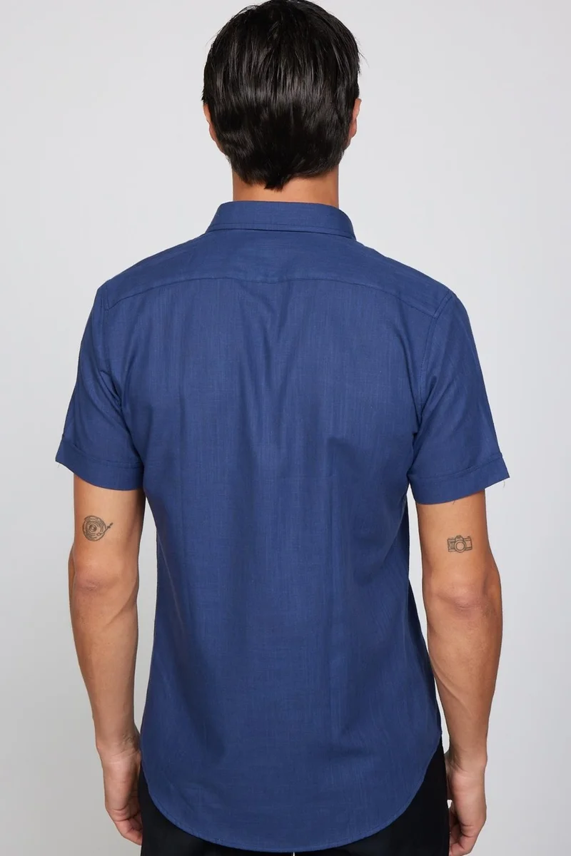 تودورس Slim Fit Short Sleeve Pocket Piping Flam Cotton Navy Blue Men's Shirt