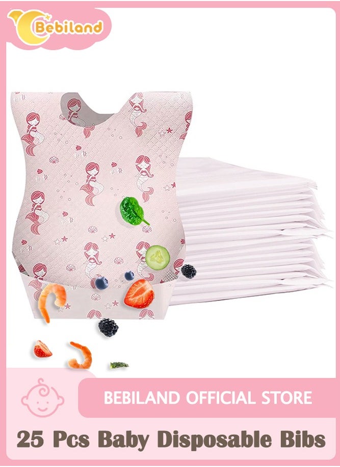 Bebiland 25 Pcs Baby Disposable Bibs Travel Feeding Bib- Leakproof Liner, Food Catcher Pocket for 6-18 Months Babies Toddlers, Pink  - Image 1