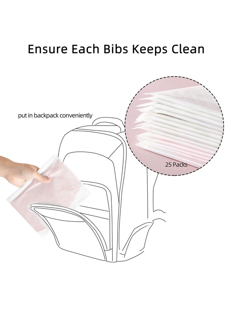 25 Pcs Baby Disposable Bibs Travel Feeding Bib- Leakproof Liner, Food Catcher Pocket for 6-18 Months Babies Toddlers, Pink