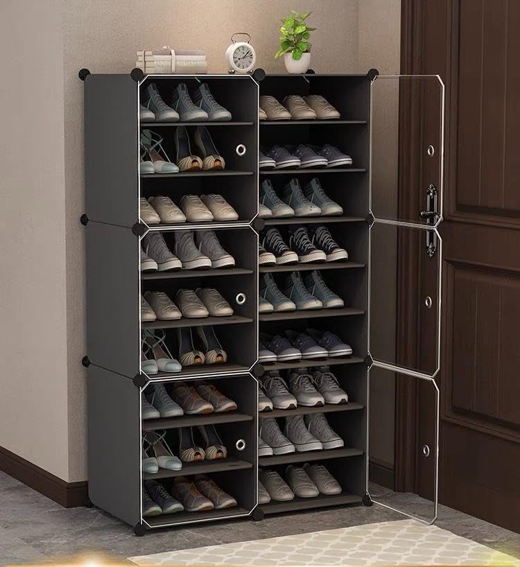 KEEKOS Portable Shoe Rack for Home Plastic with Door,Adjustable Plastic Shoe Rack for Bedroom/Outdoor Waterproof, Shoe Storage Organizer,with Shelves Kitchen Runner Rug (Deep Grey, 18-Layer) - Image 1