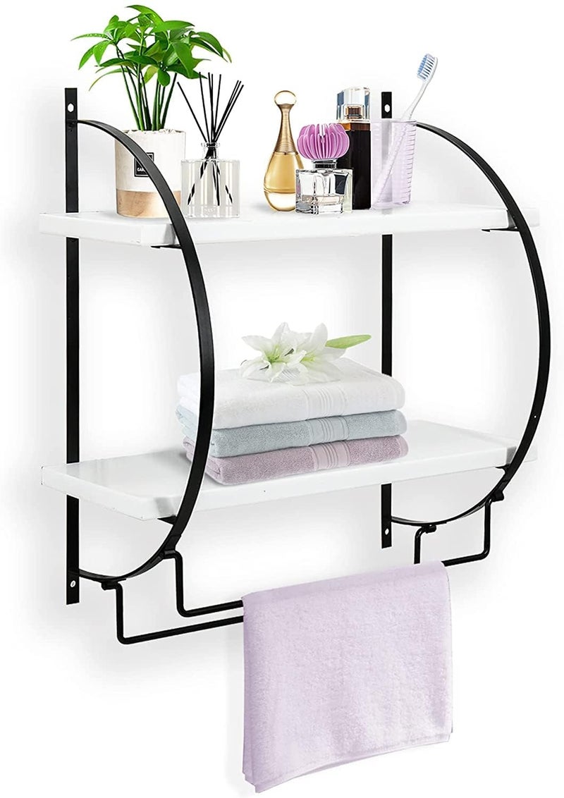 INDIAN DECOR 48357 Wall Shelf 2 Tier Wall Mounted Bathroom Shelf with Towel Racks Wood Wall Storage Shelves for Bathroom and Kitchen Black frame White shelves  - Image 1