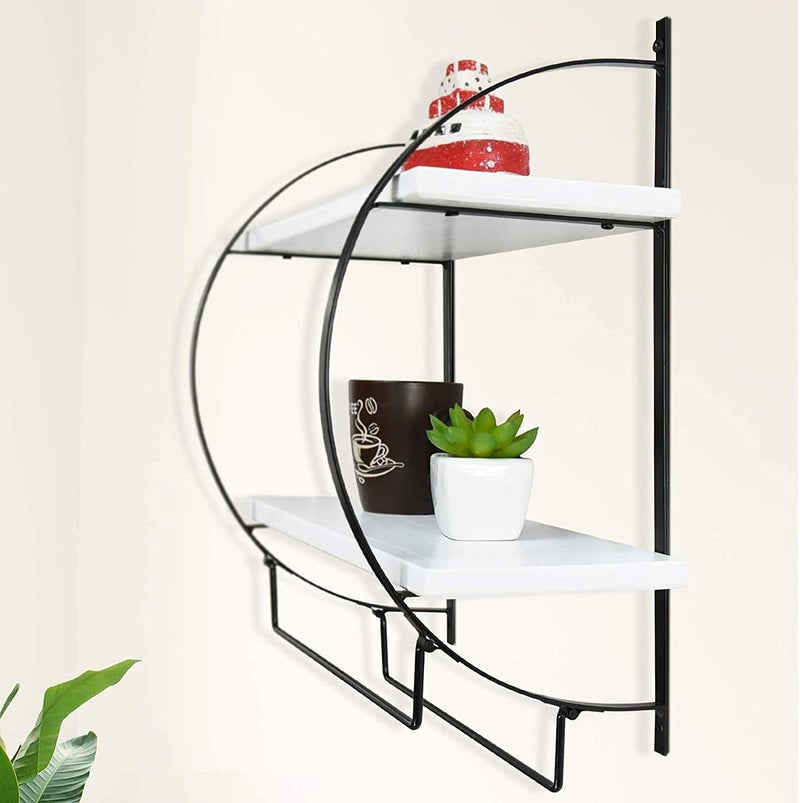 INDIAN DECOR 48357 Wall Shelf 2 Tier Wall Mounted Bathroom Shelf with Towel Racks Wood Wall Storage Shelves for Bathroom and Kitchen Black frame White shelves  - Image 5