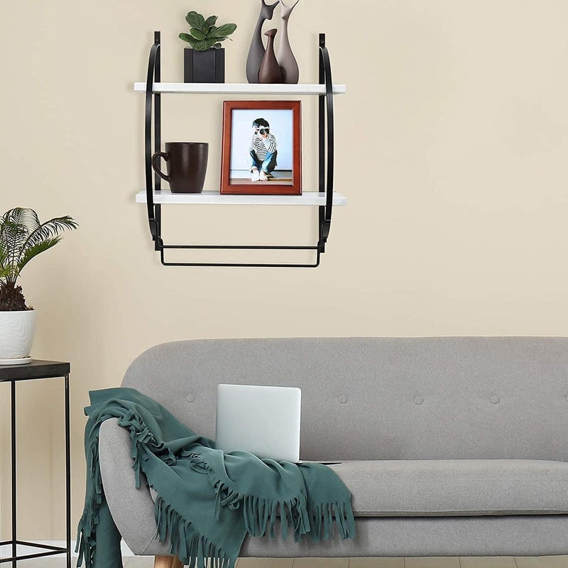 INDIAN DECOR 48357 Wall Shelf 2 Tier Wall Mounted Bathroom Shelf with Towel Racks Wood Wall Storage Shelves for Bathroom and Kitchen Black frame White shelves  - Image 4