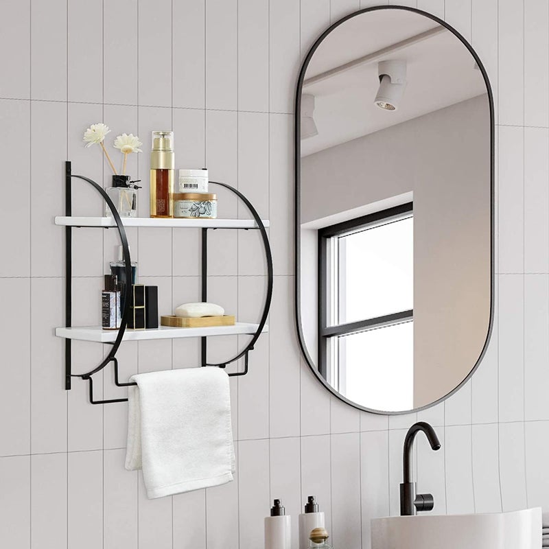 INDIAN DECOR 48357 Wall Shelf 2 Tier Wall Mounted Bathroom Shelf with Towel Racks Wood Wall Storage Shelves for Bathroom and Kitchen Black frame White shelves  - Image 2