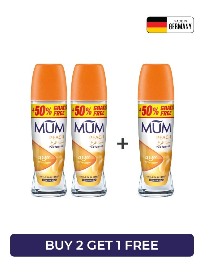 MUM Deodorant Roll-On Peach, 48H Protection, Quick Drying Formula, For All Skin Types, Pack of 3, 75ml Each - Image 1