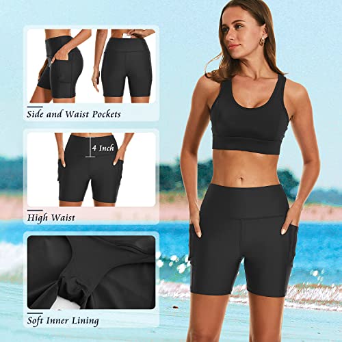 HODOSPORTS Women's 5'' Swim Shorts UPF 50+ High Waisted Board Shorts with Pockets Liner Quick Dry Swimsuit Bottoms Black XXL - Image 4