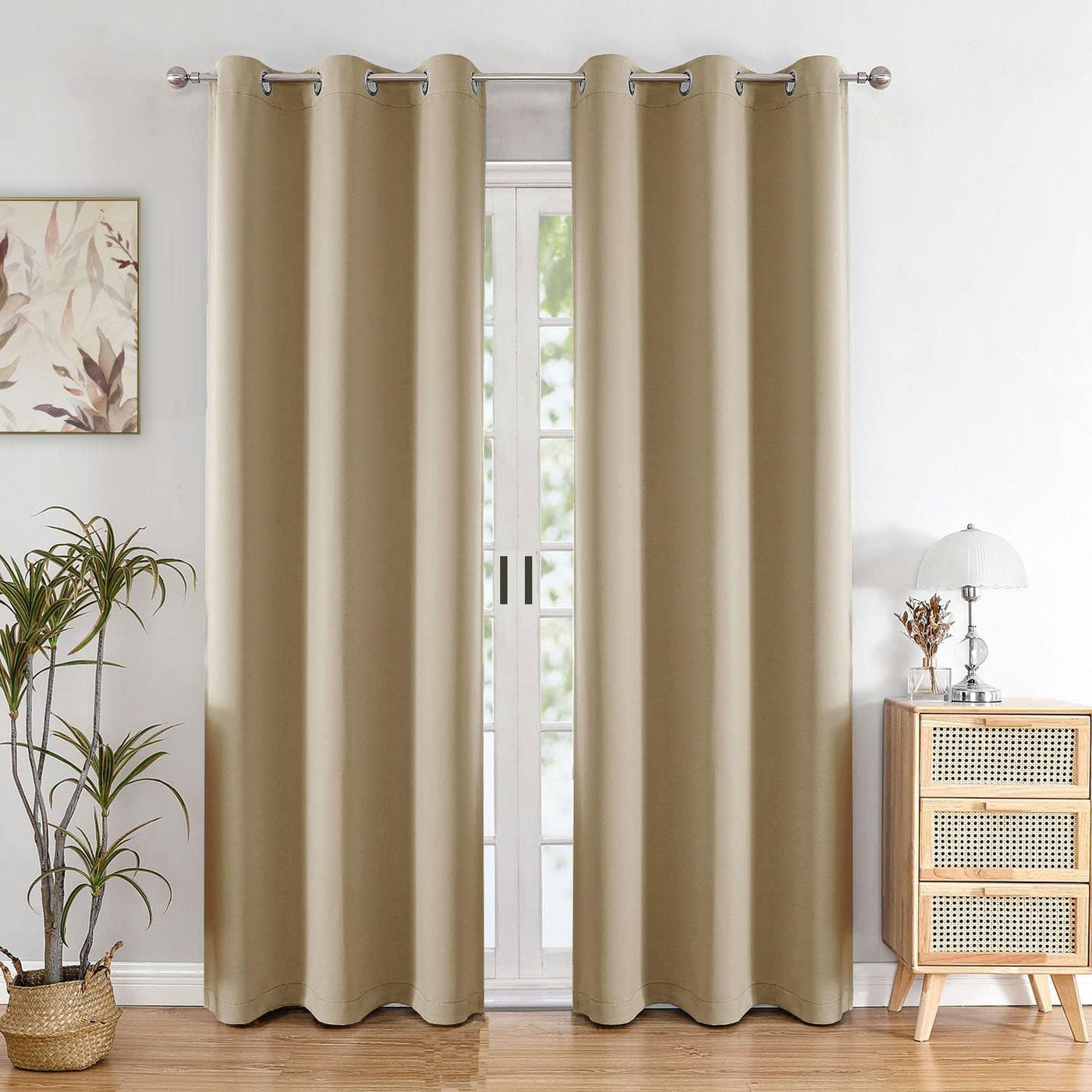 HOMEMONDE Set Of 2 Room Darkening Solid Opaque Curtains 70 Blackout Long Door 8 Feet Thermal Insulated Solid Curtain Heavy Drapes With Stainless Steel Eyelets Beige