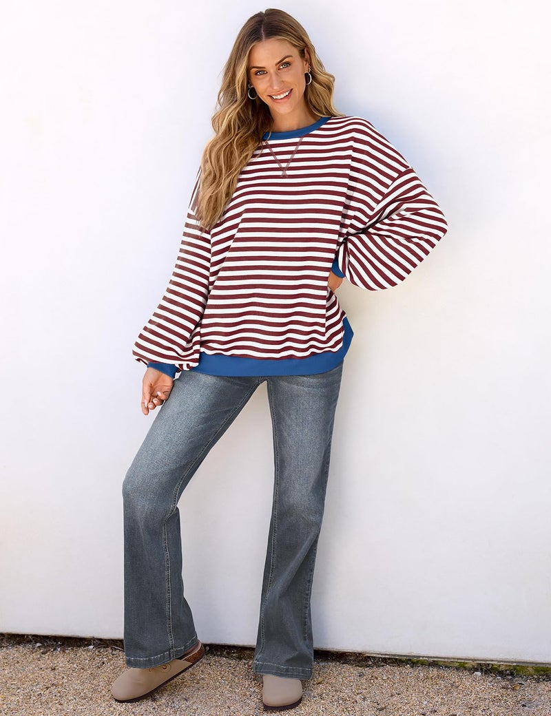 UEU Womens Striped Long Sleeve Sweatshirt Oversized Color Block Crew Neck Shirt Casual Y2K Pullover Top Coffee Striped Large - Image 4