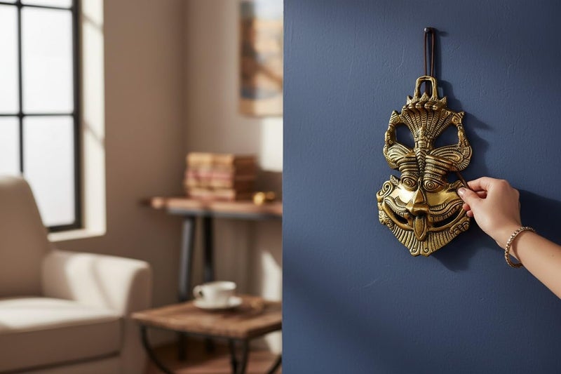 Kridaykraft Metal Feng Shui Vastu Showpiece Nazar Battu with Naag Ganesha Suraksha Kawach Mask for Evil Eye Protection for Home, Office Wall & Door Hanging (Gold, Medium) - 9.5 Cm - Image 1
