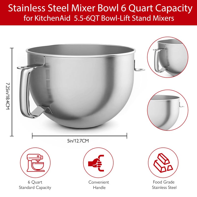CHUDODO Stainless Steel Mixer Bowl, Compatible with KitchenAid Series 5.5-6 QT Lift Stand Mixer, Suitable for KV25, KV25, KP26, KB26, Dishwasher Safe, Ergonomic Handle, Heavy Duty, No Residue - Image 2