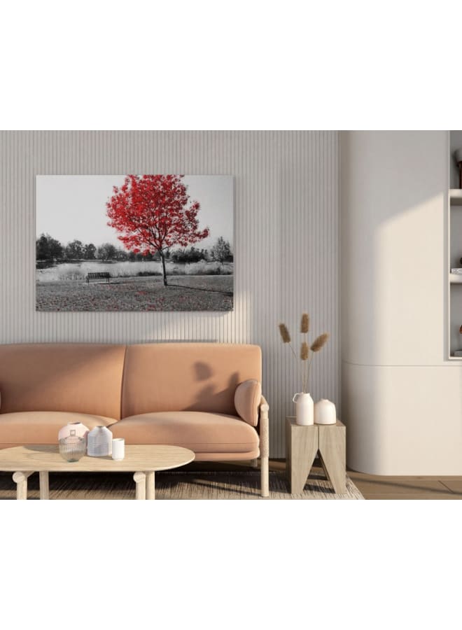 Home Gallery Empty park bench under red tree in black and white Printed On Canvas 120x80 - Image 2
