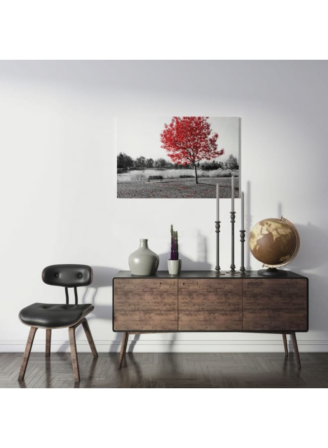 Home Gallery Empty park bench under red tree in black and white Printed On Canvas 120x80 - Image 3