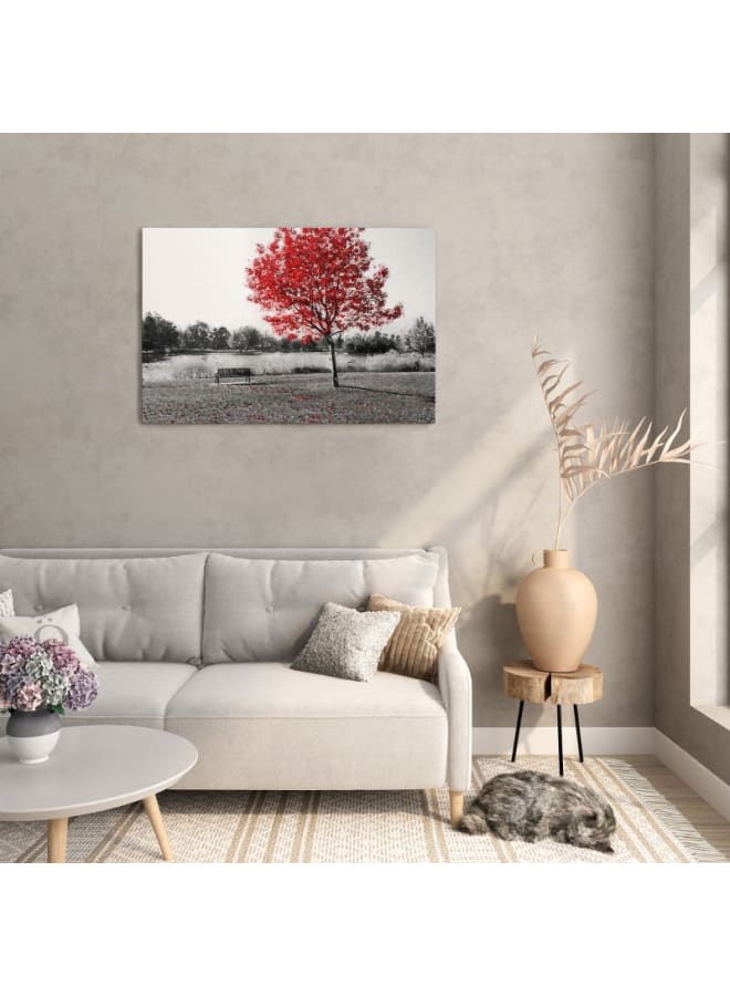 Home Gallery Empty park bench under red tree in black and white Printed On Canvas 120x80 - Image 5