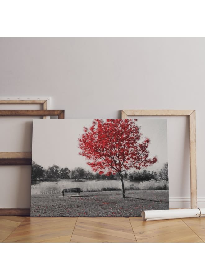 Home Gallery Empty park bench under red tree in black and white Printed On Canvas 120x80 - Image 1