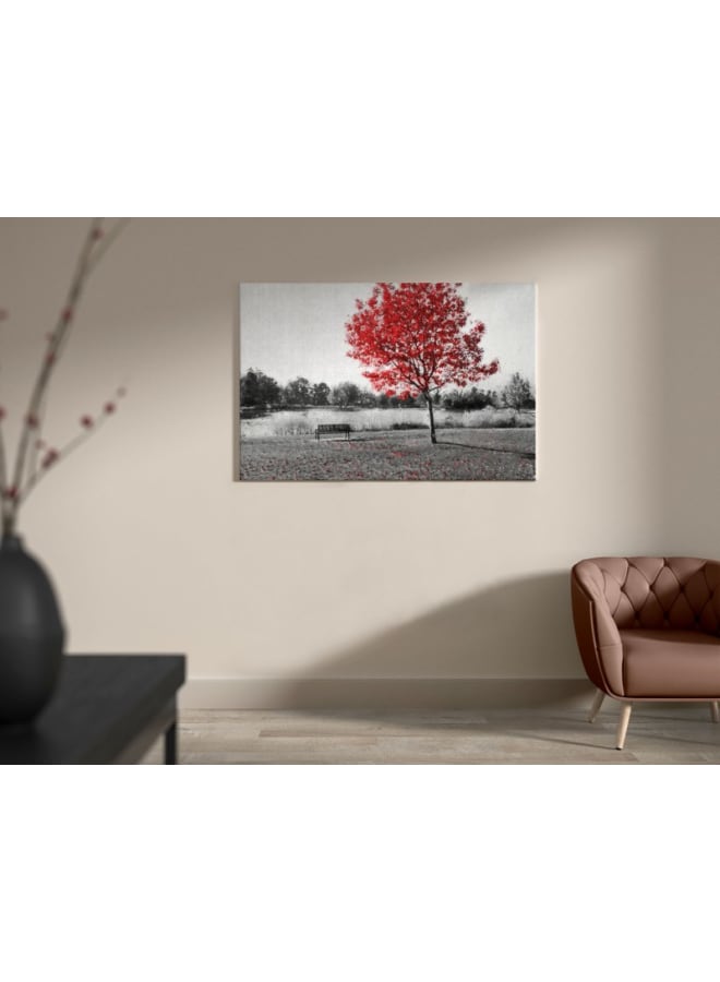 Home Gallery Empty park bench under red tree in black and white Printed On Canvas 120x80 - Image 4