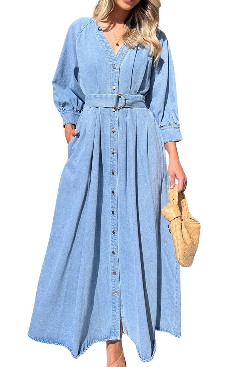 loveimgs Women 2025 Casual Button Down Denim Maxi Dress Pleated A Line Long Jean Shirt Dresses Belted Pockets XLargeBlue