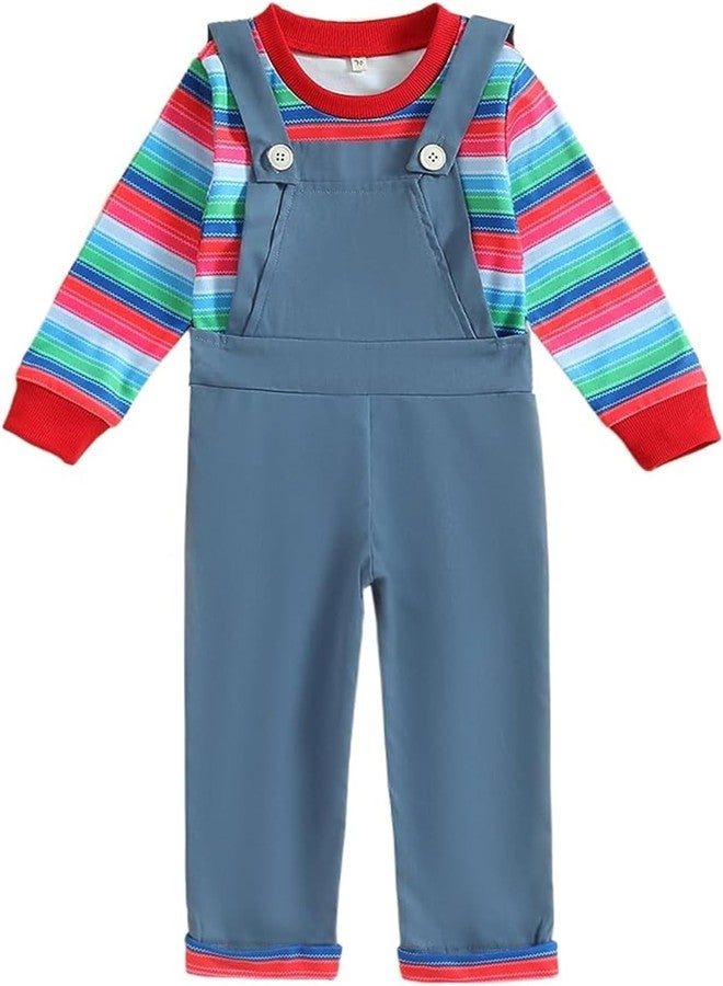 fyclemt Toddler Kids Baby Boy Girl Halloween Chucky Doll Costume Long Sleeve Striped Shirt Tops Suspender Pants Cosplay Outfits Set (Blue, 2-3 Years) - Image 1