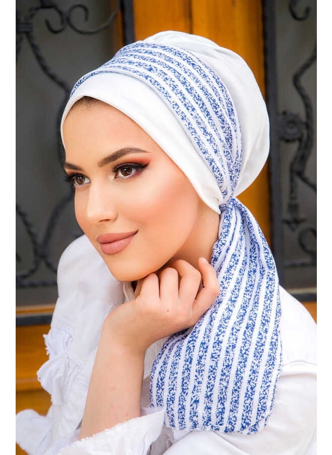 Aişe Tesettür Aisha Hijab White Blue Striped Scarf BONE-40601  - Image 1