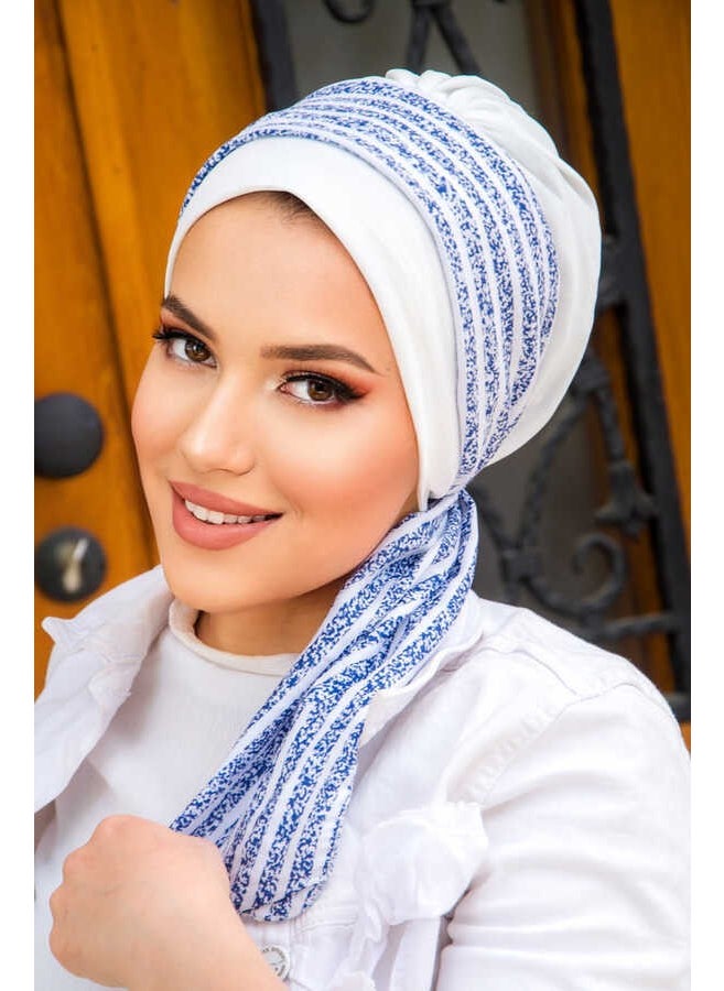 Aişe Tesettür Aisha Hijab White Blue Striped Scarf BONE-40601  - Image 2