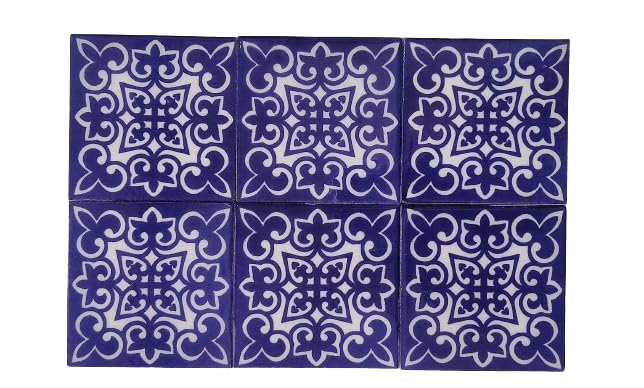 Shiv Kripa Blue Pottery Shiv Kripa Blue Pottery Luxury Floral Decorative Crafted Tabletop Flooring Wall Interior Exterior Traditional 4 x 4 inch Tiles Pack of 6 Tiles 