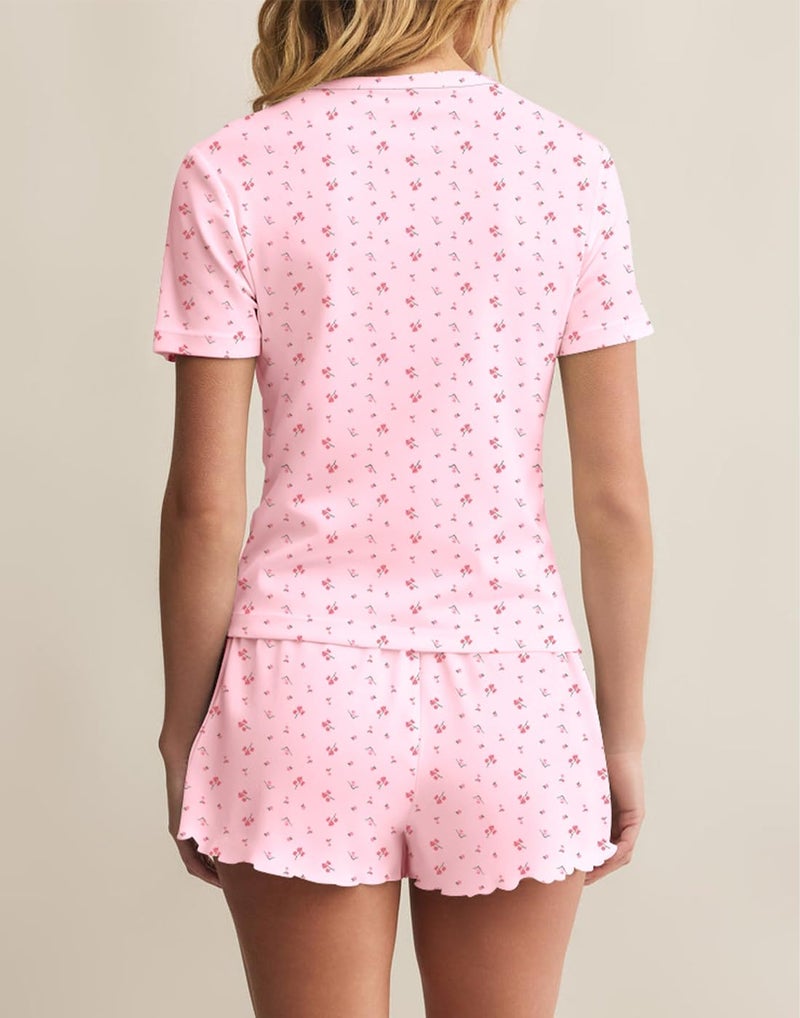Lacozy Cute Pjs for Women Summer Flower Print Pajama Sets Short Sleeve Button Tops Y2k Sleepwear Lounge Set Pink S - Image 4