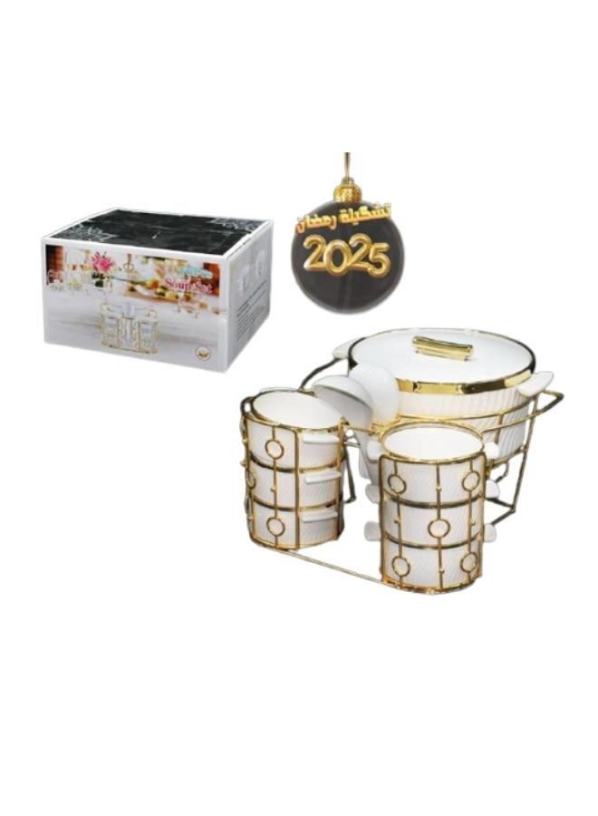 أرت لوك طقم تقديم شوربة سراميك مع ستاند معدن لون ذهبي 16 قطعة