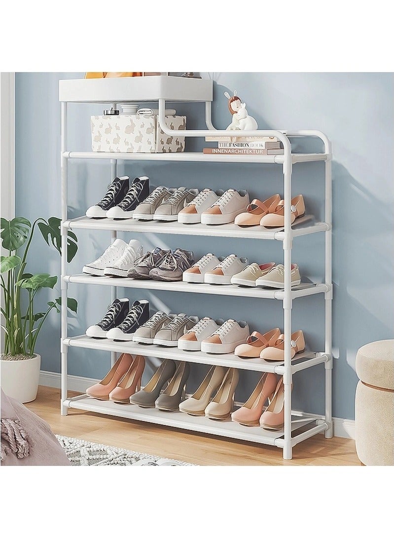 BLOOMING TIME 6-Tier Shoe Rack Metal Shoe Organizer with 4 Fabric Shelves and Top Storage Basket Sturdy Durable Shoe Shelf for Closet Entryway Balcony Bedroom - Image 1
