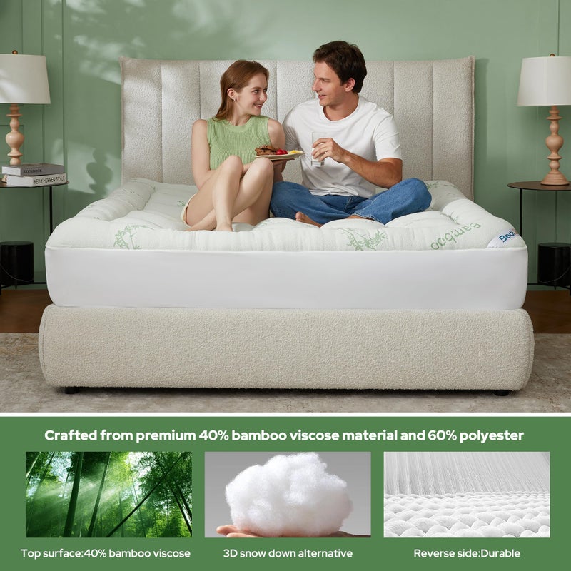 BEDLORE Queen Mattress Topper Viscose Derived from Bamboo, Thick Pillow Top Mattress Pad with Stretchable Pockets for 6-18 inches Mattress, Soft Mattress Topper for Back Pain Relief - Image 3