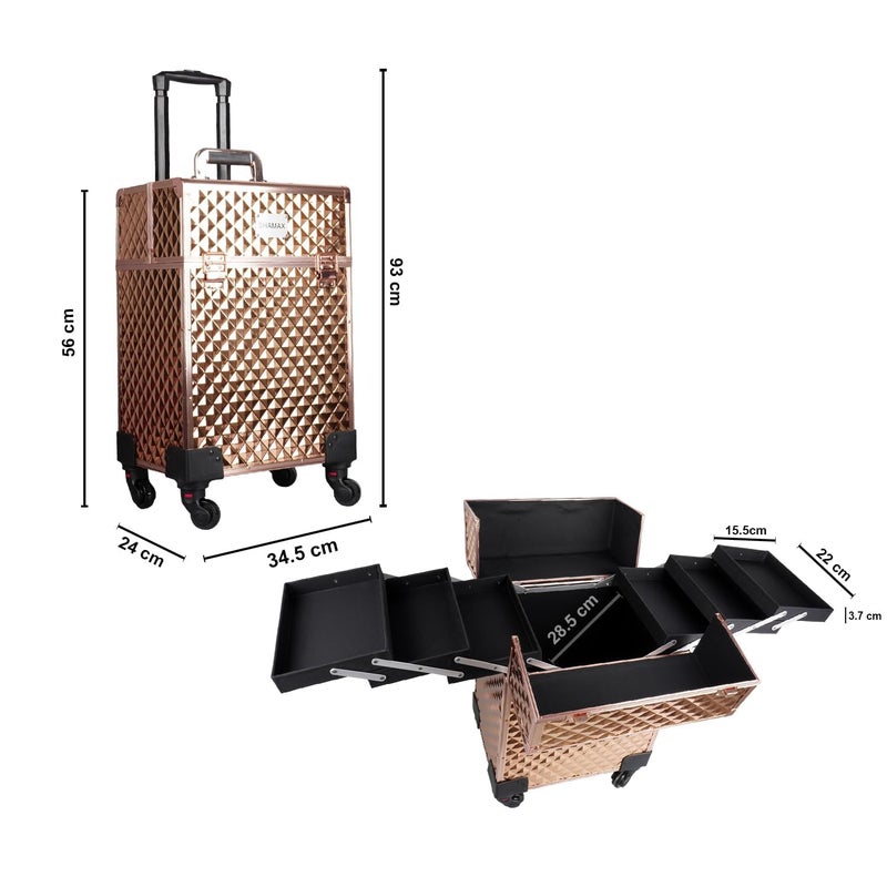 SHAMAX Professional Makeup Organizer Trolley With Wheels Jumbo Multi Function Artist Rolling Trolley Vanity Trolley Beauty Train Case Cosmetic Organizer Makeup Cosmetic Vanity Trolley3599 Rosegold - Image 3