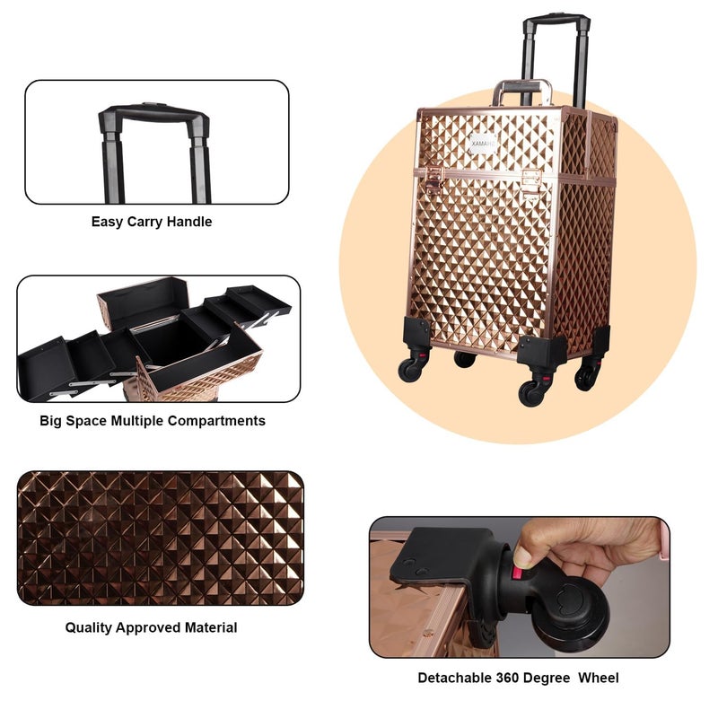 SHAMAX Professional Makeup Organizer Trolley With Wheels Jumbo Multi Function Artist Rolling Trolley Vanity Trolley Beauty Train Case Cosmetic Organizer Makeup Cosmetic Vanity Trolley3599 Rosegold - Image 4