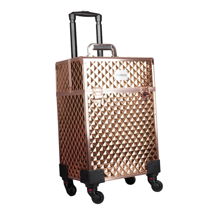 SHAMAX Professional Makeup Organizer Trolley With Wheels Jumbo Multi Function Artist Rolling Trolley Vanity Trolley Beauty Train Case Cosmetic Organizer Makeup Cosmetic Vanity Trolley3599 Rosegold - Image 2