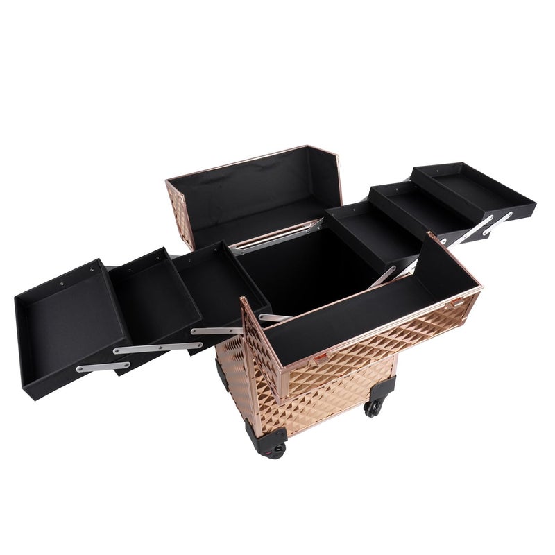 SHAMAX Professional Makeup Organizer Trolley With Wheels Jumbo Multi Function Artist Rolling Trolley Vanity Trolley Beauty Train Case Cosmetic Organizer Makeup Cosmetic Vanity Trolley3599 Rosegold - Image 5