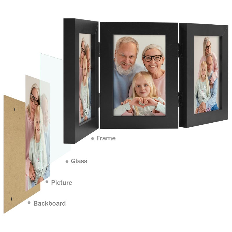 Frametory, 3 Picture Frames 4x6 Trifold Photo Frames Collage - Real Glass - Triple Folding (Black, 1 Pack) - Image 3