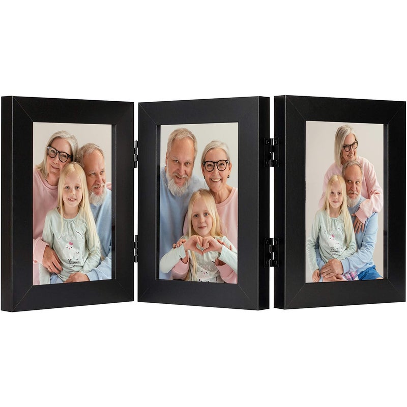 Frametory, 3 Picture Frames 4x6 Trifold Photo Frames Collage - Real Glass - Triple Folding (Black, 1 Pack) - Image 1