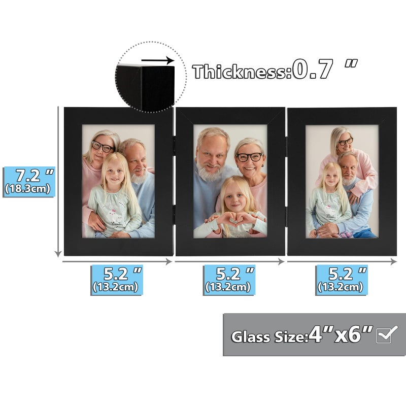 Frametory, 3 Picture Frames 4x6 Trifold Photo Frames Collage - Real Glass - Triple Folding (Black, 1 Pack) - Image 4