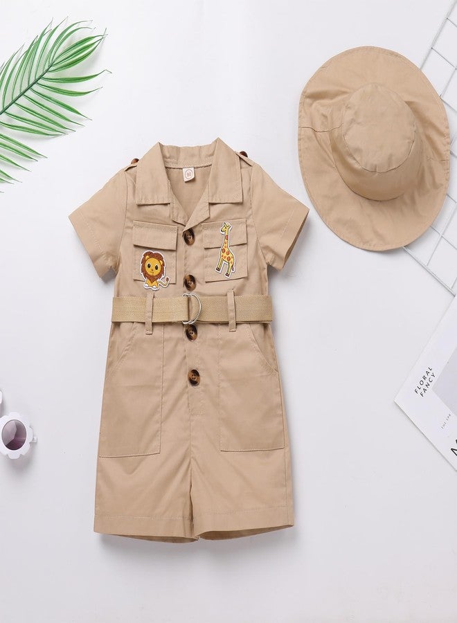 ODOLDI Wild One Birthday Outfit Girl Short Sleeve Khaki Safari Jumpsuit with Safari Hat Baby Safari Outfit Zookeeper Jungle Safari theme Photo Shoot Outfits Khaki 18-24 Months - Image 2