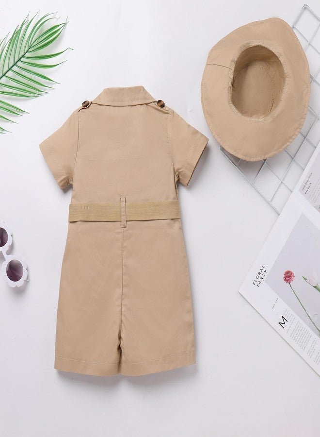 ODOLDI Wild One Birthday Outfit Girl Short Sleeve Khaki Safari Jumpsuit with Safari Hat Baby Safari Outfit Zookeeper Jungle Safari theme Photo Shoot Outfits Khaki 18-24 Months - Image 3