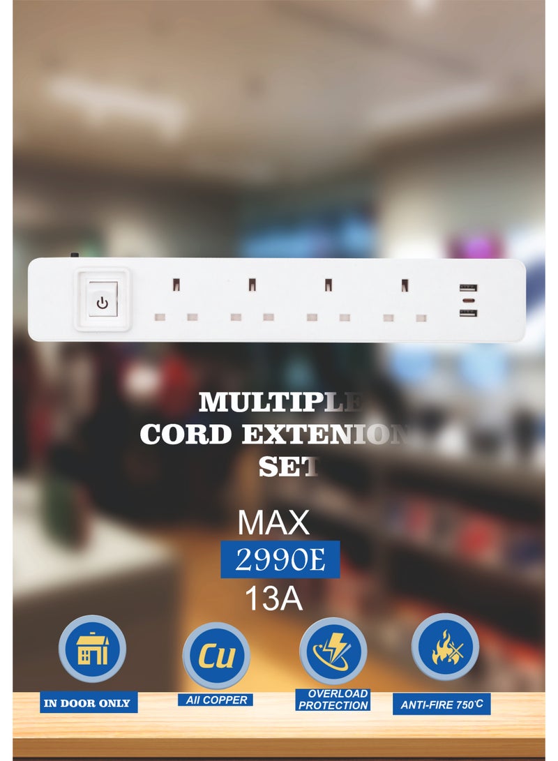 MOVAL Power Extension Cord 3m | 4 Socket Power Strip with 2 USB & Type-C | Multi Plug Extension Cable for Home & Office - Image 2