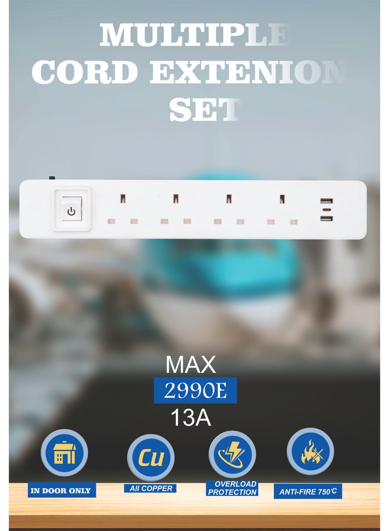 MOVAL Power Extension Cord 3m | 4 Socket Power Strip with 2 USB & Type-C | Multi Plug Extension Cable for Home & Office - Image 4