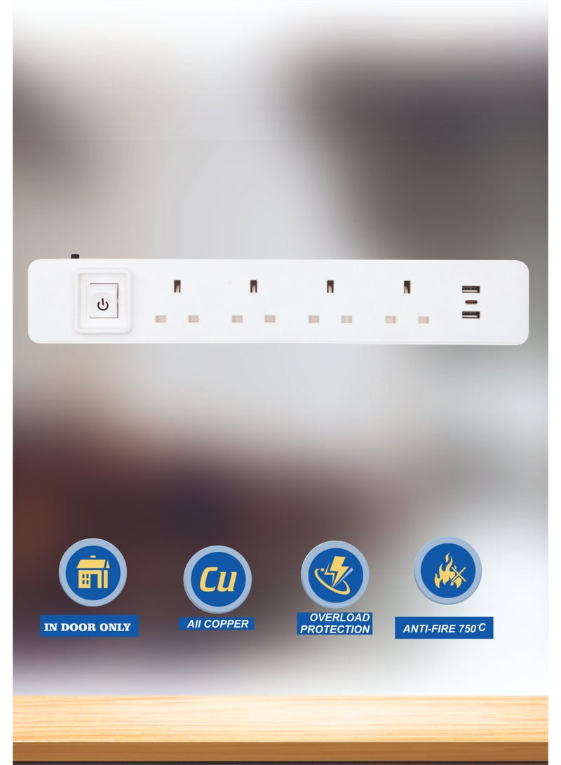 MOVAL Power Extension Cord 3m | 4 Socket Power Strip with 2 USB & Type-C | Multi Plug Extension Cable for Home & Office - Image 3