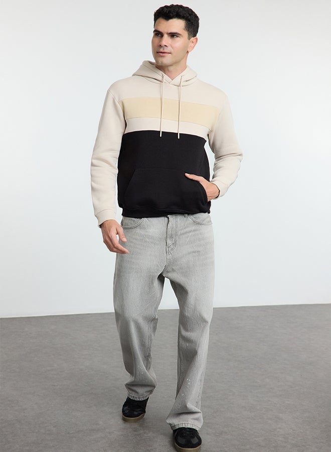 trendyol Brown Oversize/Wide Cut Color Block Fleece Inside Hooded Sweatshirt - Image 2