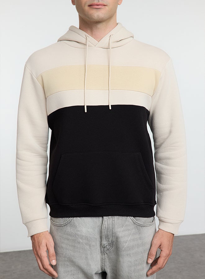 trendyol Brown Oversize/Wide Cut Color Block Fleece Inside Hooded Sweatshirt - Image 3