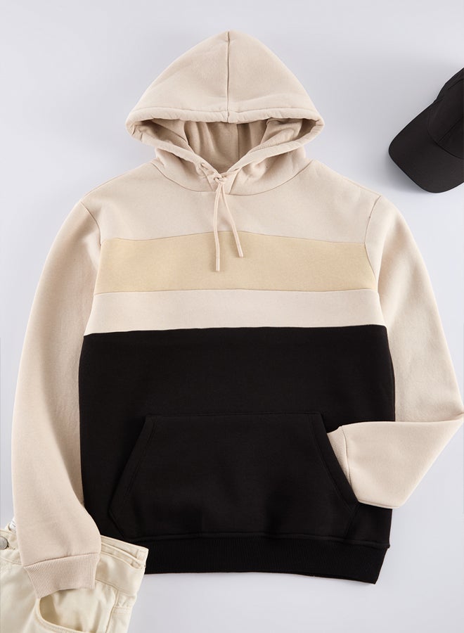 trendyol Brown Oversize/Wide Cut Color Block Fleece Inside Hooded Sweatshirt - Image 5