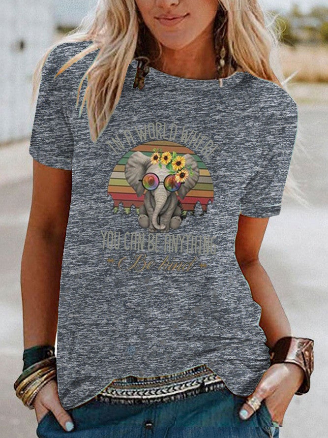 Wish Fun Elephant Pattern Printed Contrast Short-Sleeved T-Shirt For Women - Image 5