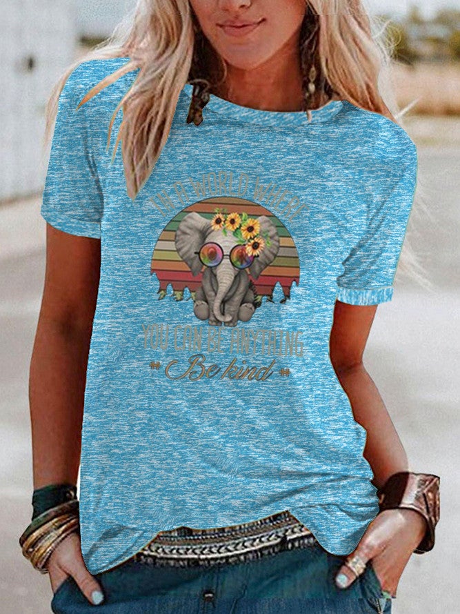 Wish Fun Elephant Pattern Printed Contrast Short-Sleeved T-Shirt For Women - Image 4