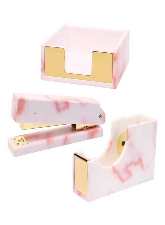 مالتي باي مجموعة حامل ملاحظات لاصقة من الرخام الوردي من MultiBey، تتضمن دباسة وموزع شريط لاصق مع 1000 دبوس ذهبي وردي، وقاعدة مطاطية مانعة للانزلاق، وقاطع شريط لاصق، مناسبة للمكتب والمنزل. - Image 1