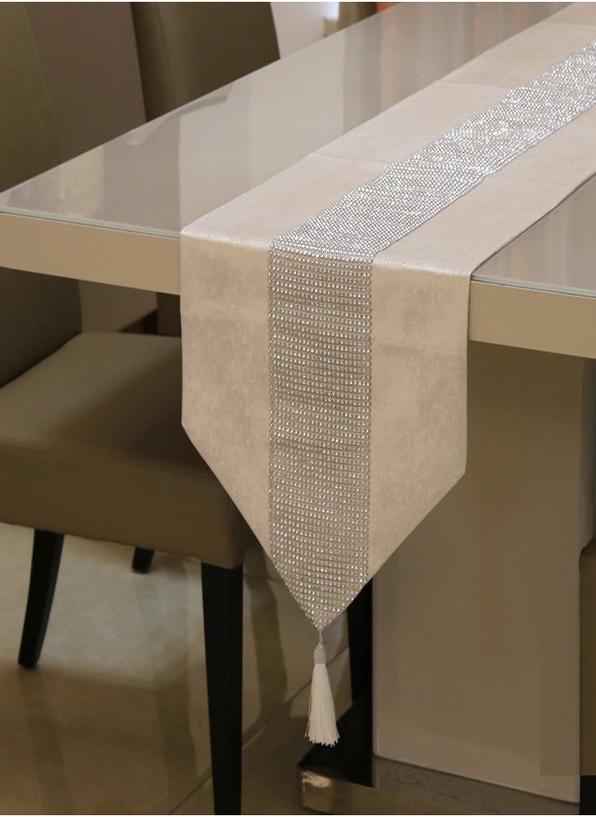 Generic Table Runner with Diamante Strip and Tassels Beige 32*210CM  - Image 1