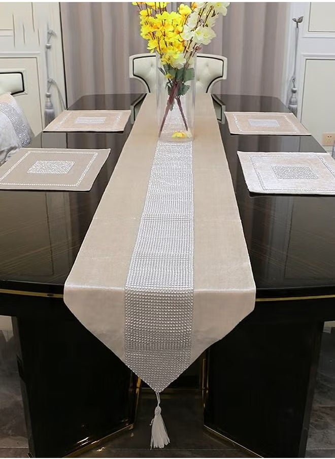Generic Table Runner with Diamante Strip and Tassels Beige 32*210CM  - Image 2
