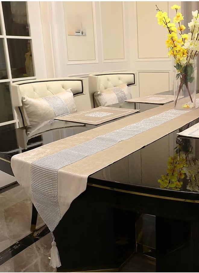 Generic Table Runner with Diamante Strip and Tassels Beige 32*210CM  - Image 3